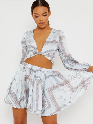 Helen Floral Print Satin Crop Top & Skirt Co-ord In Blue