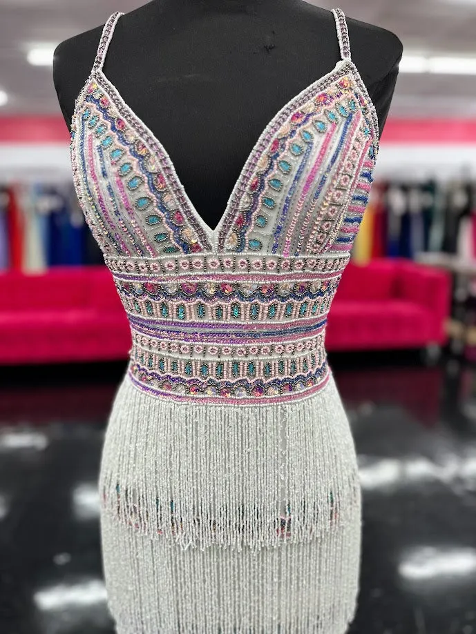 Jovani 38846 Size 00 Ivory Multi Sequin Beaded Fringe Prom Dress Formal V Neck Corset Slit Gown Pageant Slit
