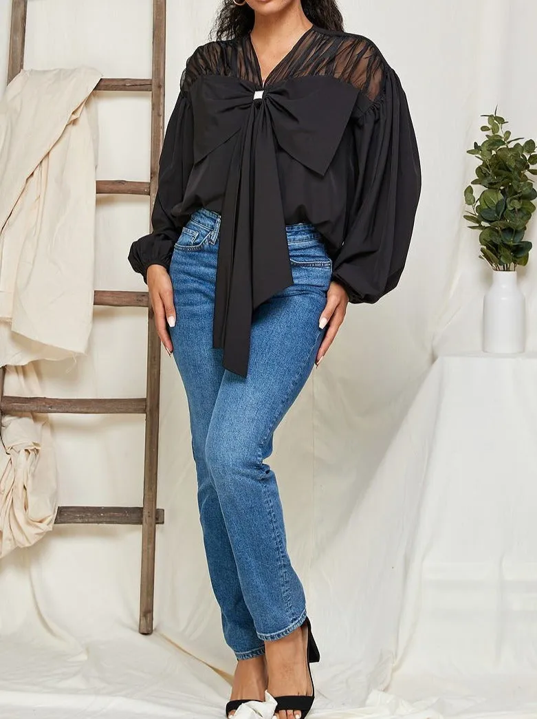 Puff sleeve bowknot front v neck blouse