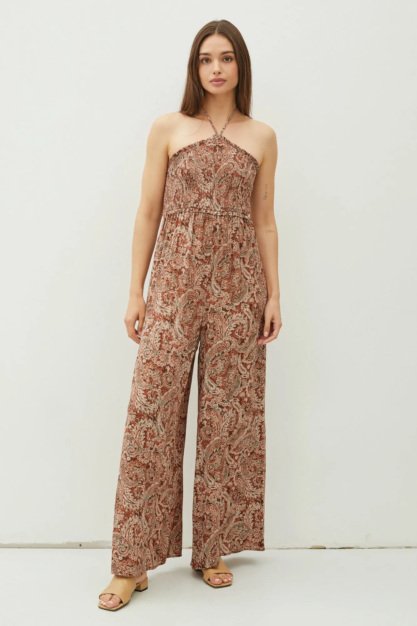 Rust Print Cutout Smocked Halter Wide Leg Jumpsuit